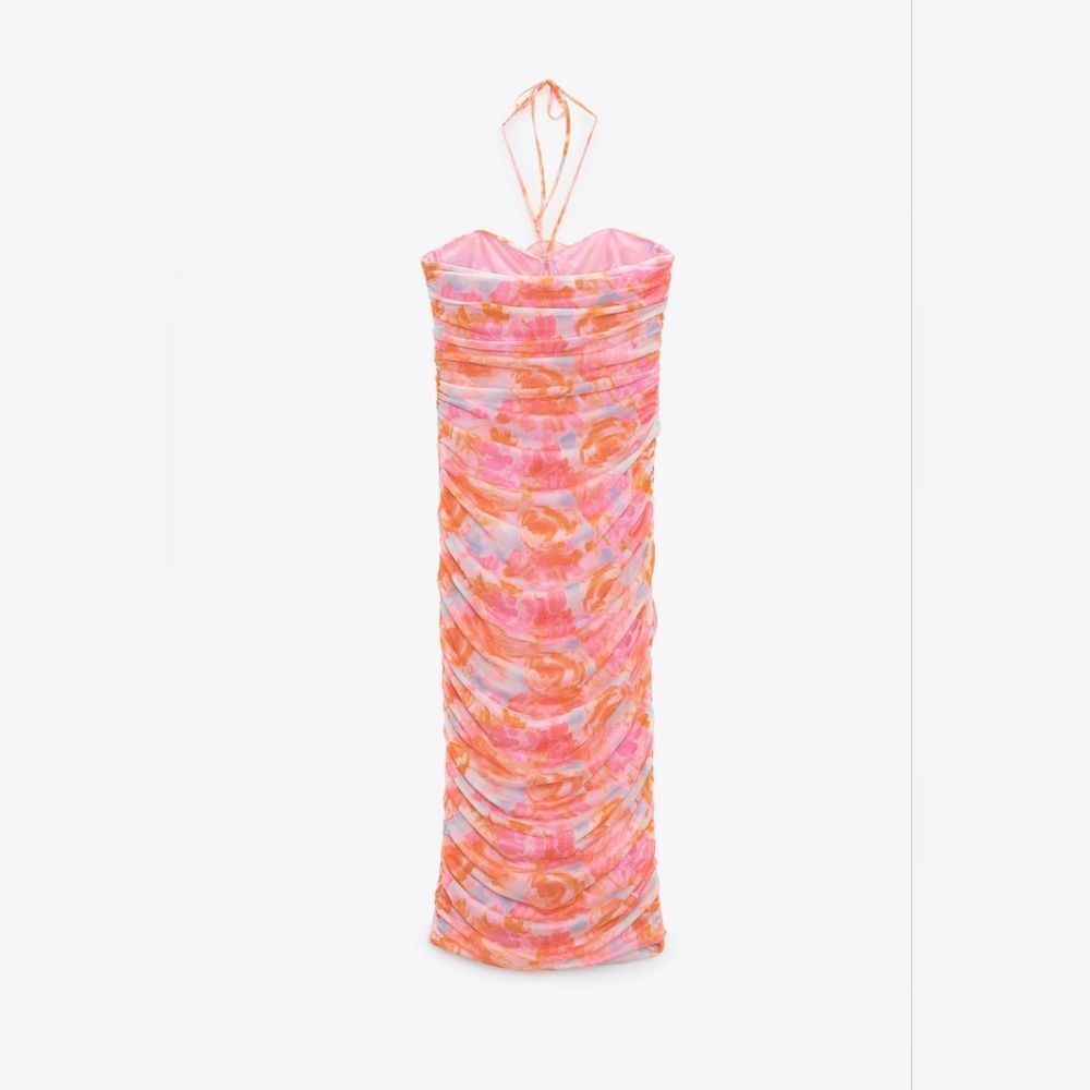 ZARA PRINTED TULLE MIDI DRESS PINK FLORAL - Picture 15 of 17